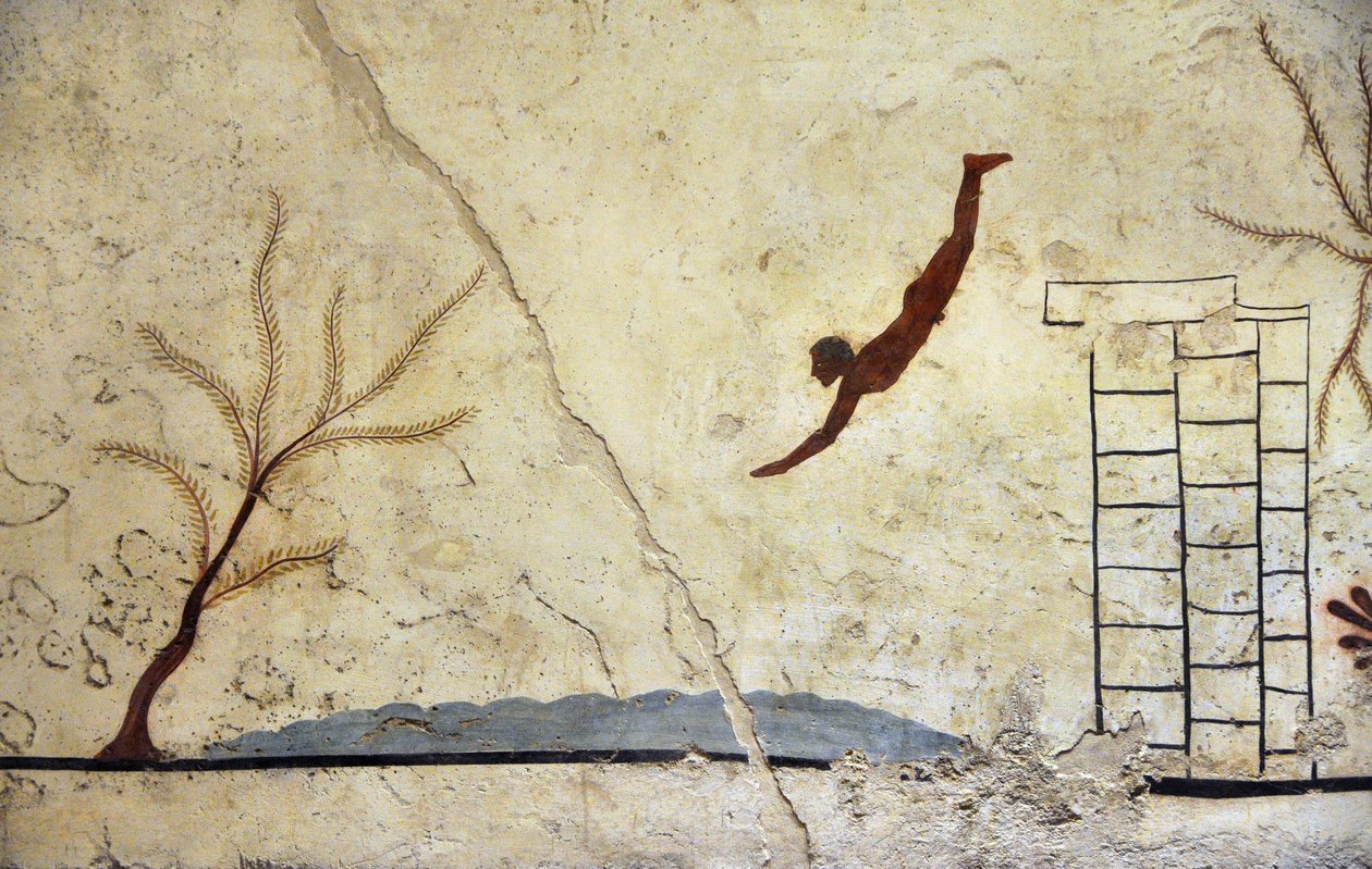 Sztuka grecka: Młody pływak nurkujący. Fresk przedstawiający grób "nurka", Paestum autorstwa Etruscan