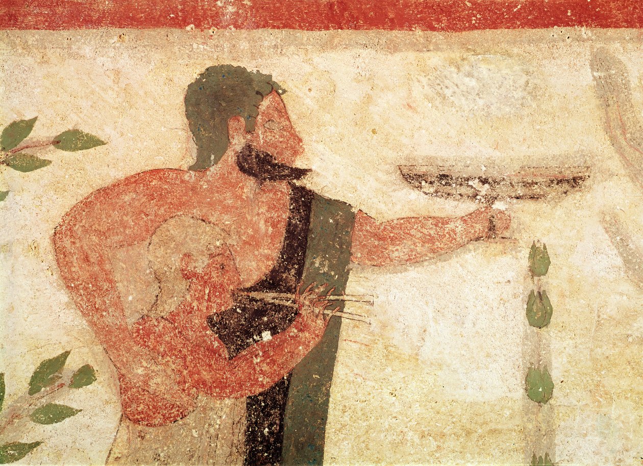 Głowa mężczyzny i dziecka grających na podwójnym flecie, z Grobowca Barona, ok. 500 pne Szczegół malowania ścian 407470 autorstwa Etruscan