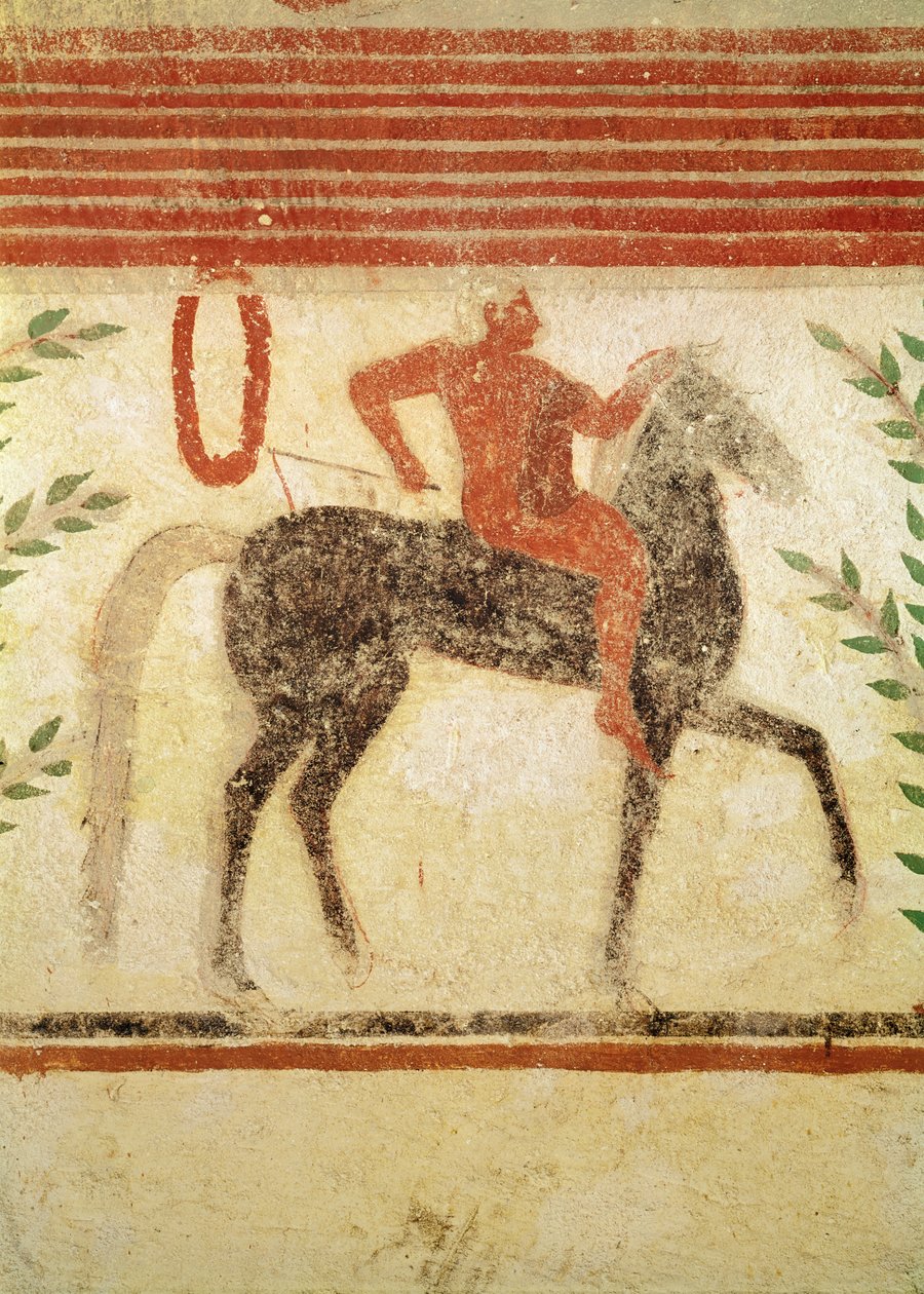 Jeździec, lewa strona, z Grobu Barona, ok.500 pne (malarstwo ścienne) autorstwa Etruscan