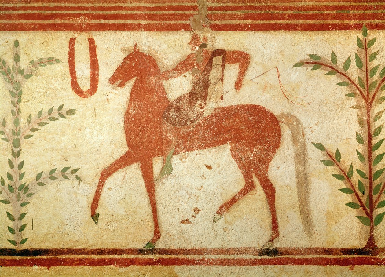 Jeździec, prawa strona, z Grobu Barona, ok.500 pne (malowidło ścienne) autorstwa Etruscan