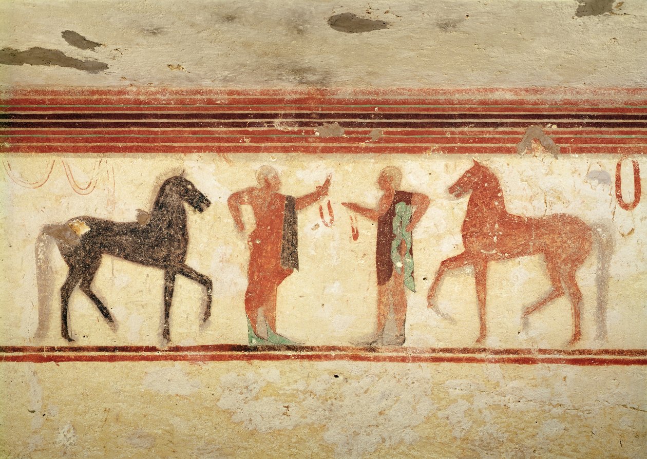 Konie i jeźdźcy trzymający wodze, z Grobu Barona, ok.500 pne (malowidło ścienne) autorstwa Etruscan