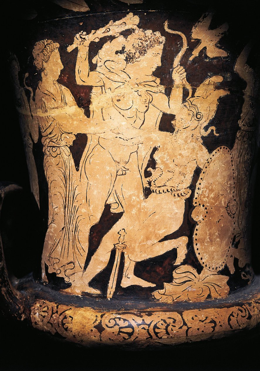 Włochy, Umbria, Perugia, Czerwonofigurowy krater kielicha (wazon używany do mieszania wina i wody) przedstawiający Heraklesa uderzającego w Amazonkę, namalowany przez szkołę Vulci, 330/300 p.n.e. autorstwa Etruscan