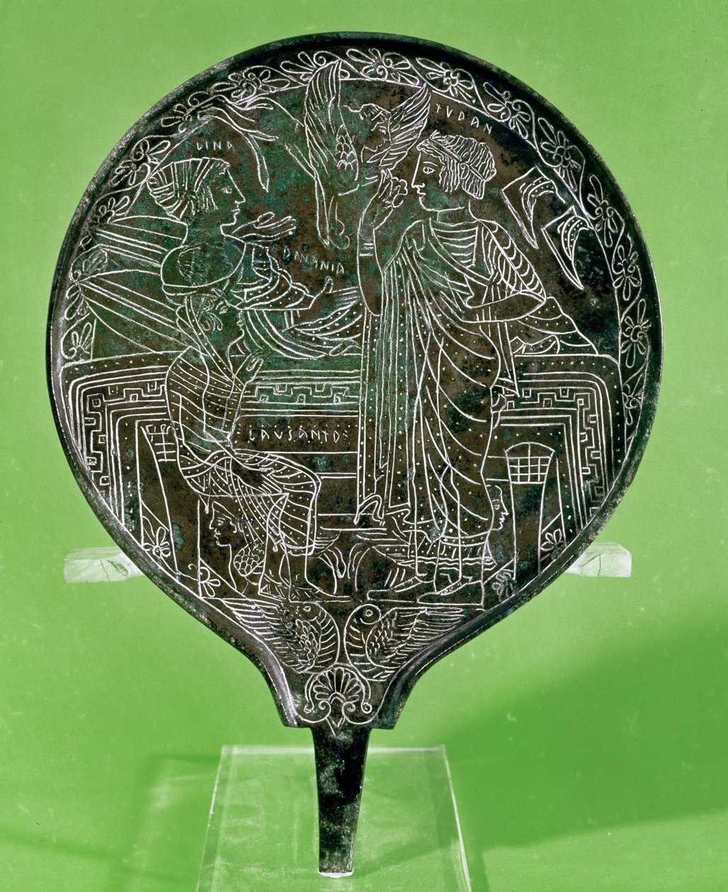 Lustro przedstawiające Afrodytę namawiającą Helenę do pójścia za Paryżem do Troi z Palestriny (brąz) autorstwa Etruscan