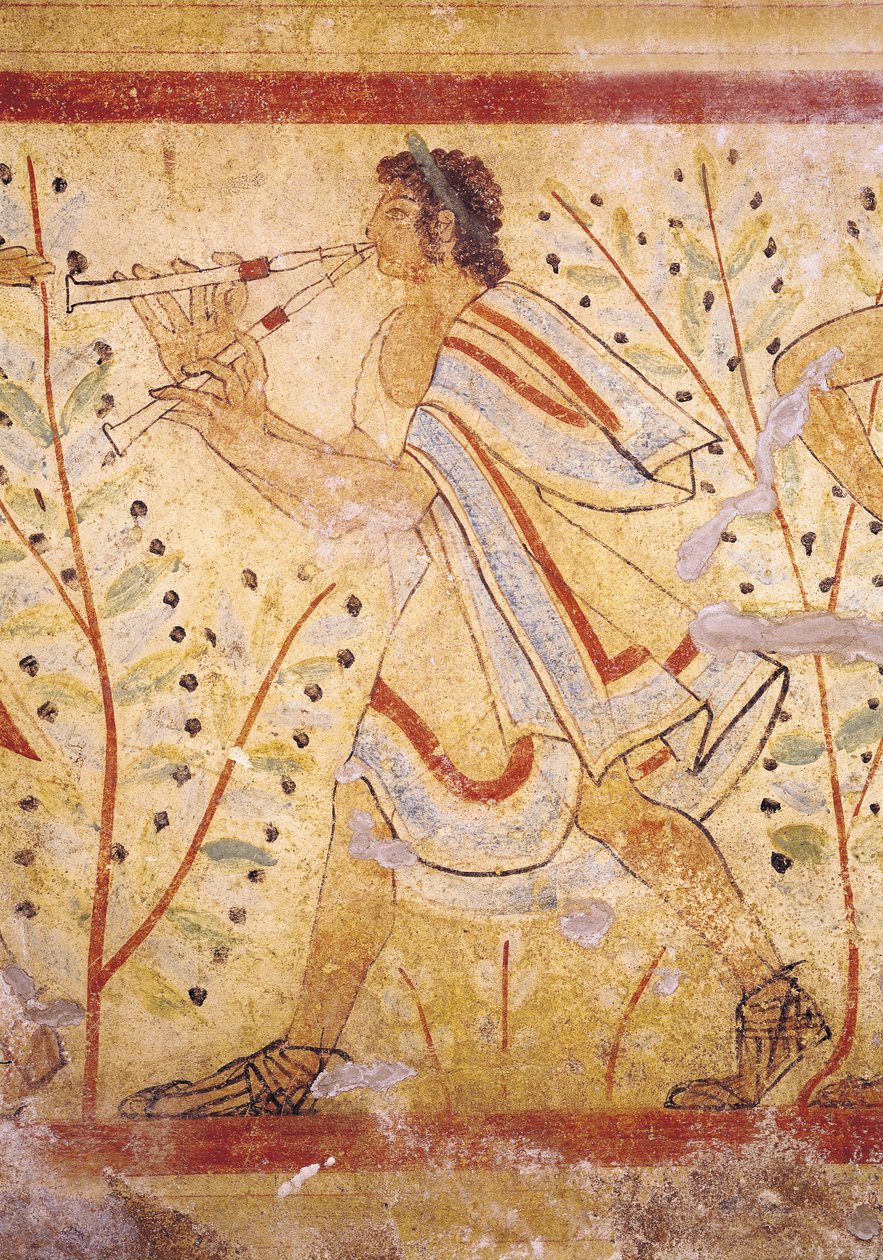 Muzyk grający na dudach, z Grobowca Lamparta, ok. 490 pne, malowidło ścienne z 76027 autorstwa Etruscan