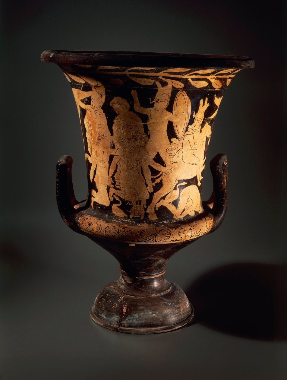Ceramika czerwonofigurowa, krater Calyx z walczącymi wojownikami, z warsztatu Vulcente autorstwa Etruscan