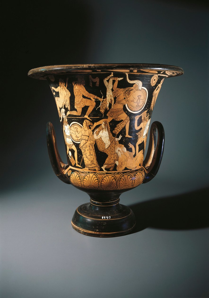 Ceramika czerwonofigurowa, krater kielicha przedstawiający Neoptolemusa, Astianaksa, Helenę Trojańską i Priamo na ziemi, autorstwa Nazzano Painter, z Civita Castellana autorstwa Etruscan