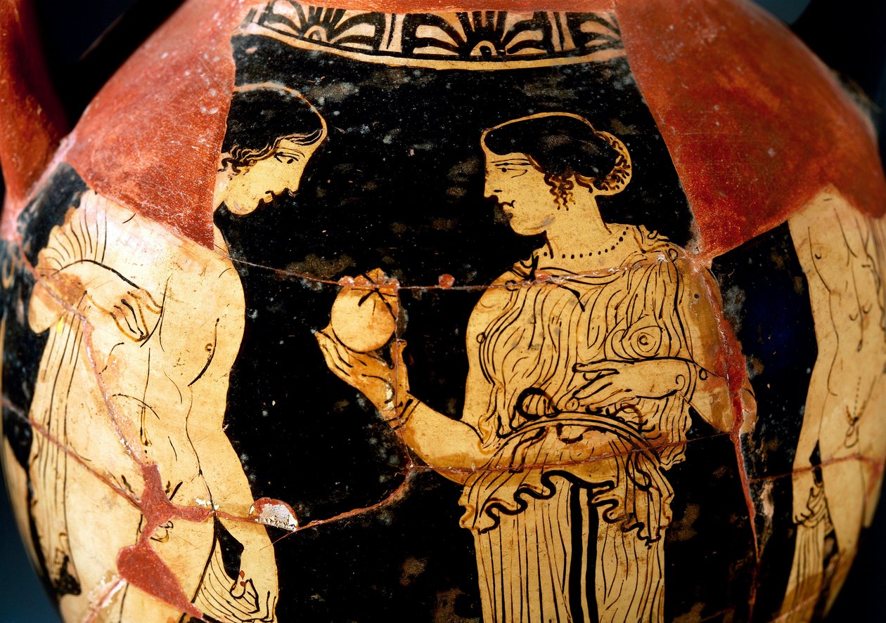 Ceramika czerwonofigurowa, pelike przedstawiająca młodą dziewczynę oferującą granat, odrestaurowana przez Sommavilla Painter autorstwa Etruscan