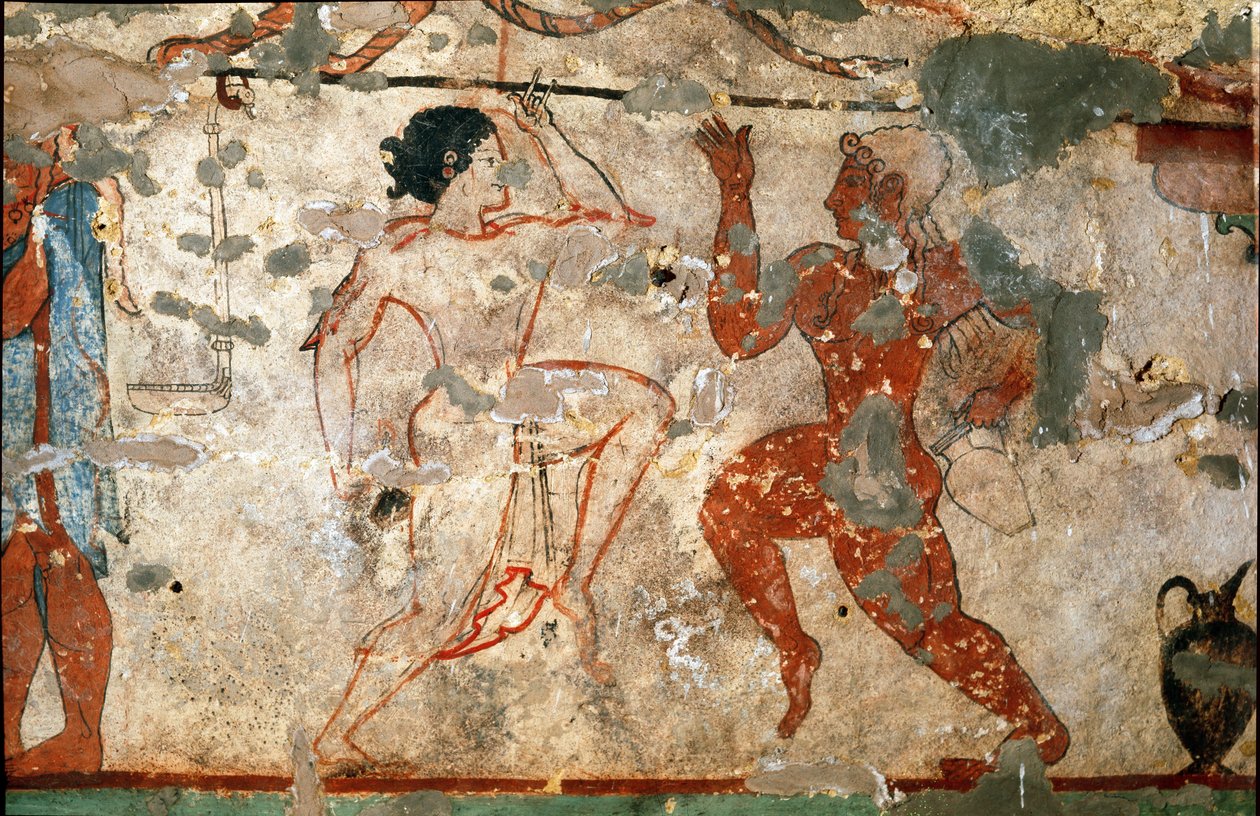 Rytualny taniec, młoda kobieta ubrana w przezroczystą tunikę i nagi młody mężczyzna. (Detal fresku, 520 pne) autorstwa Etruscan