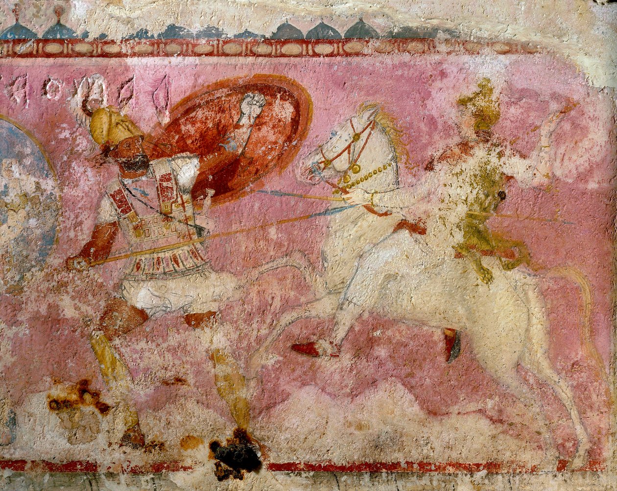 Sarkofag Amazonki z namalowaną sceną bitwy, biały wapień, z Tarkwinii, region Latium, Włochy, detal autorstwa Etruscan