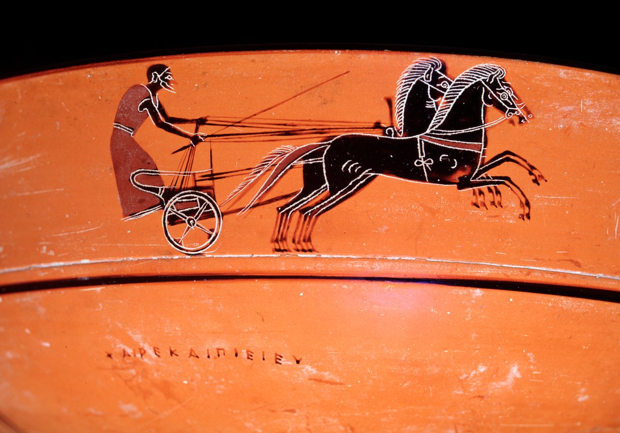 Szczegółowa waza z terakoty przedstawiająca rydwan ciągnięty przez dwa konie, IV wiek pne autorstwa Etruscan