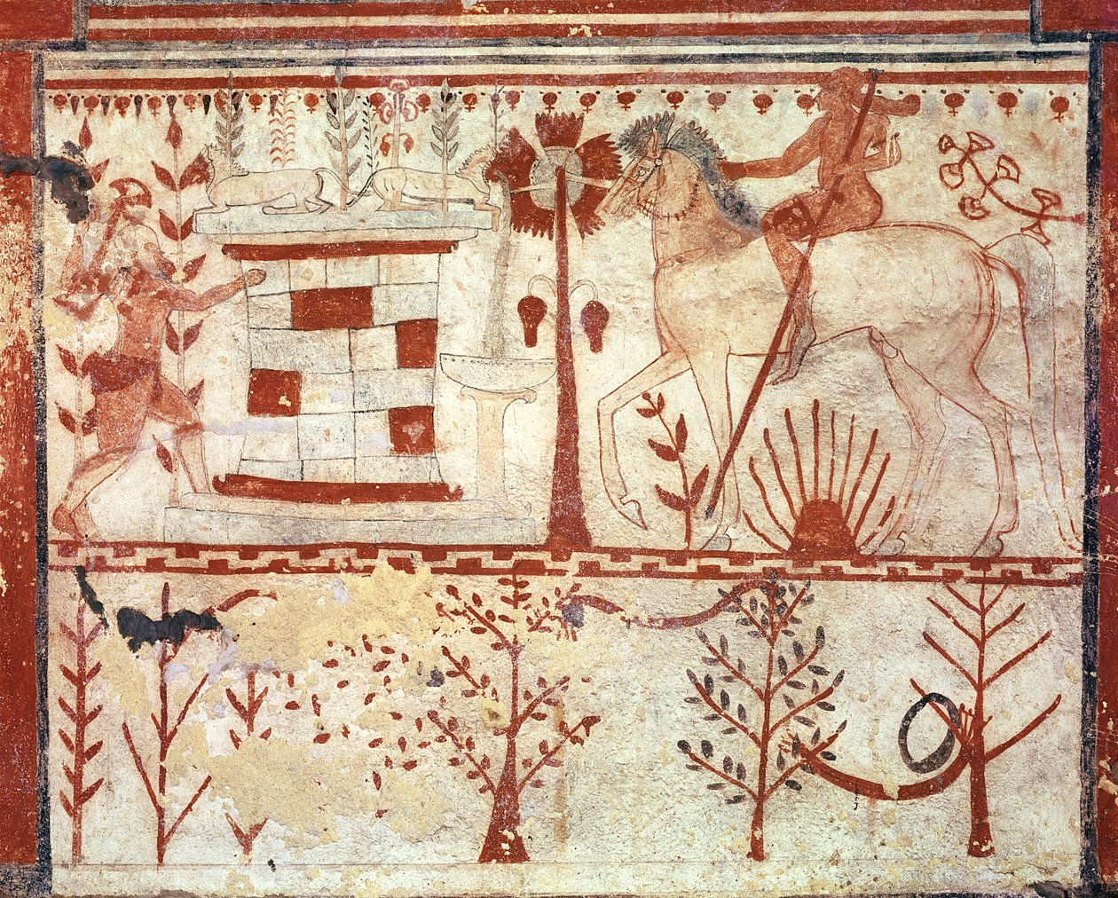 Zasadzka księcia trojańskiego Troilusa autorstwa Achillesa, z Grobu Byków (Tomba del Tori) ok. 540 pne (fresk) autorstwa Etruscan