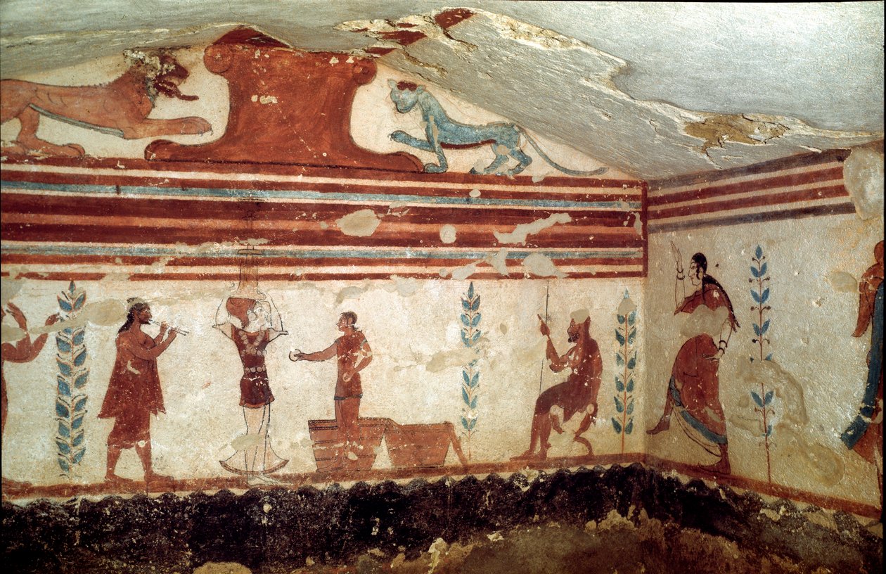 Zmarły siedzący na stołku uczestniczy w pokazie z żonglerami i tancerzami (Fresco, detal, 530 p.n.e.) autorstwa Etruscan