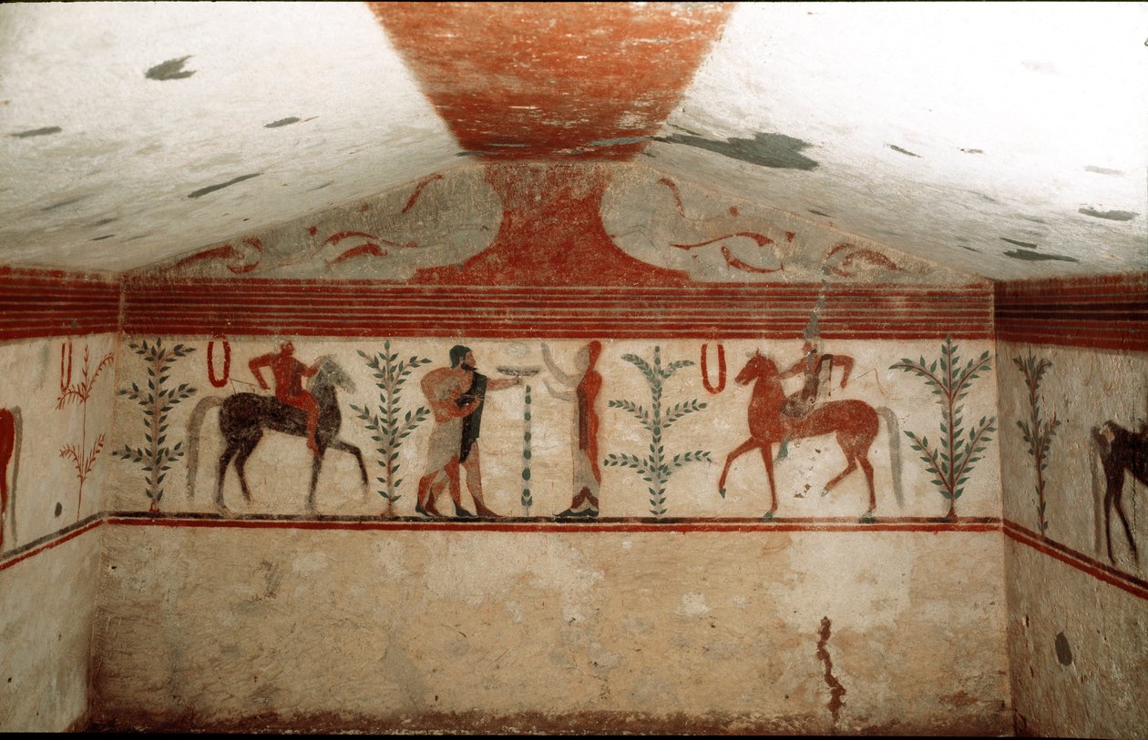 Dwóch jeźdźców, kobieta i brodaty mężczyzna prezentujący kielich (Detal fresku, 530 p.n.e.) autorstwa Etruscan
