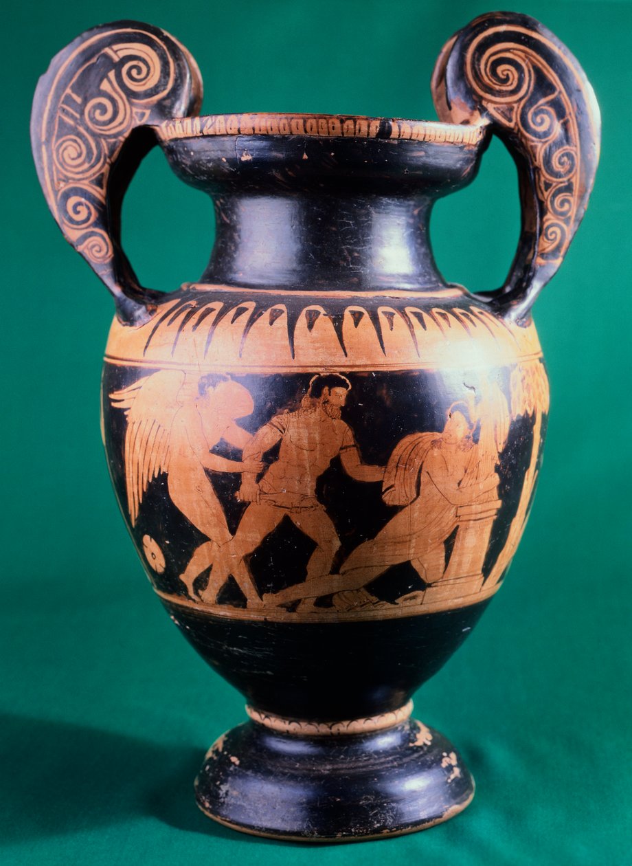 Krater wolutowy malarza z Moguncji, przedstawiający wojownika i amazonkę. Ceramika czerwonofigurowa. Cywilizacja etruska, IV wiek p.n.e. autorstwa Etruscan