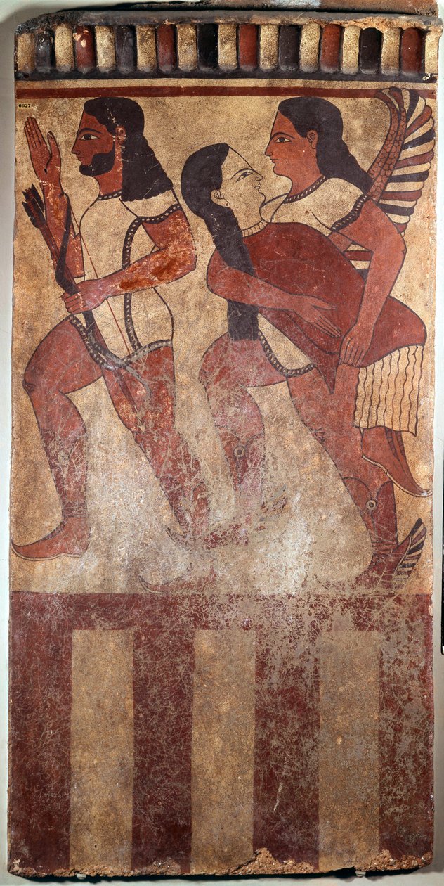 Sztuka etruska: Płyta malowana terakotą zwana Plaque Campana: łucznik, skrzydło dżina z kobiecą postacią (Cerveteri (Włochy), VI wiek pne). Paryż, Musee du Louvre autorstwa Etruscan Etruscan