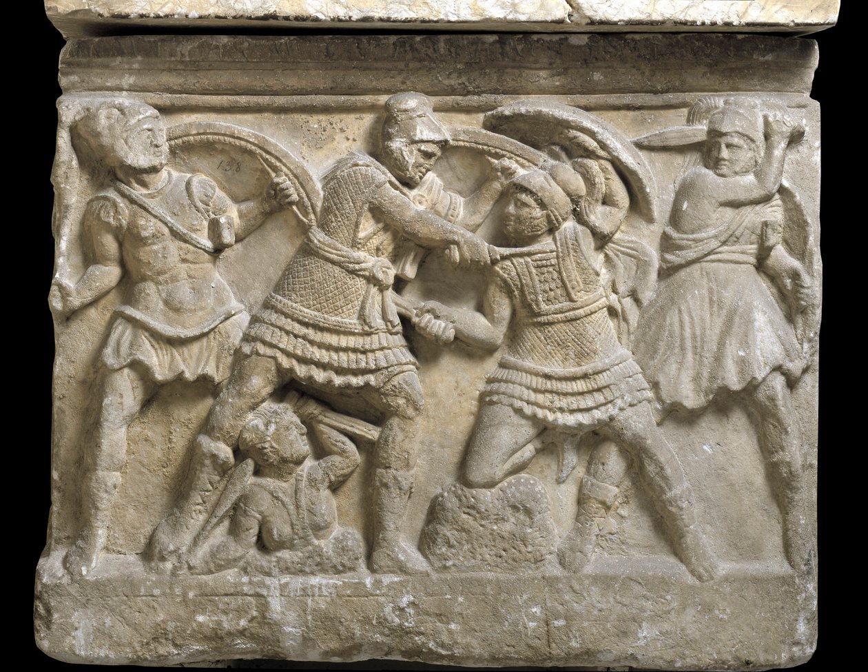 Sztuka etruska: „Eteokles i Polinice”” dwaj bracia, syn Edypa, płaskorzeźba sarkofagu Chiusi, III wpne - Palermo, Museo Archeologico Nazionale - Pojedynek braci Eteoklesa i Polinik, synów Edypa - Bas -ulga, detai autorstwa Etruscan Etruscan