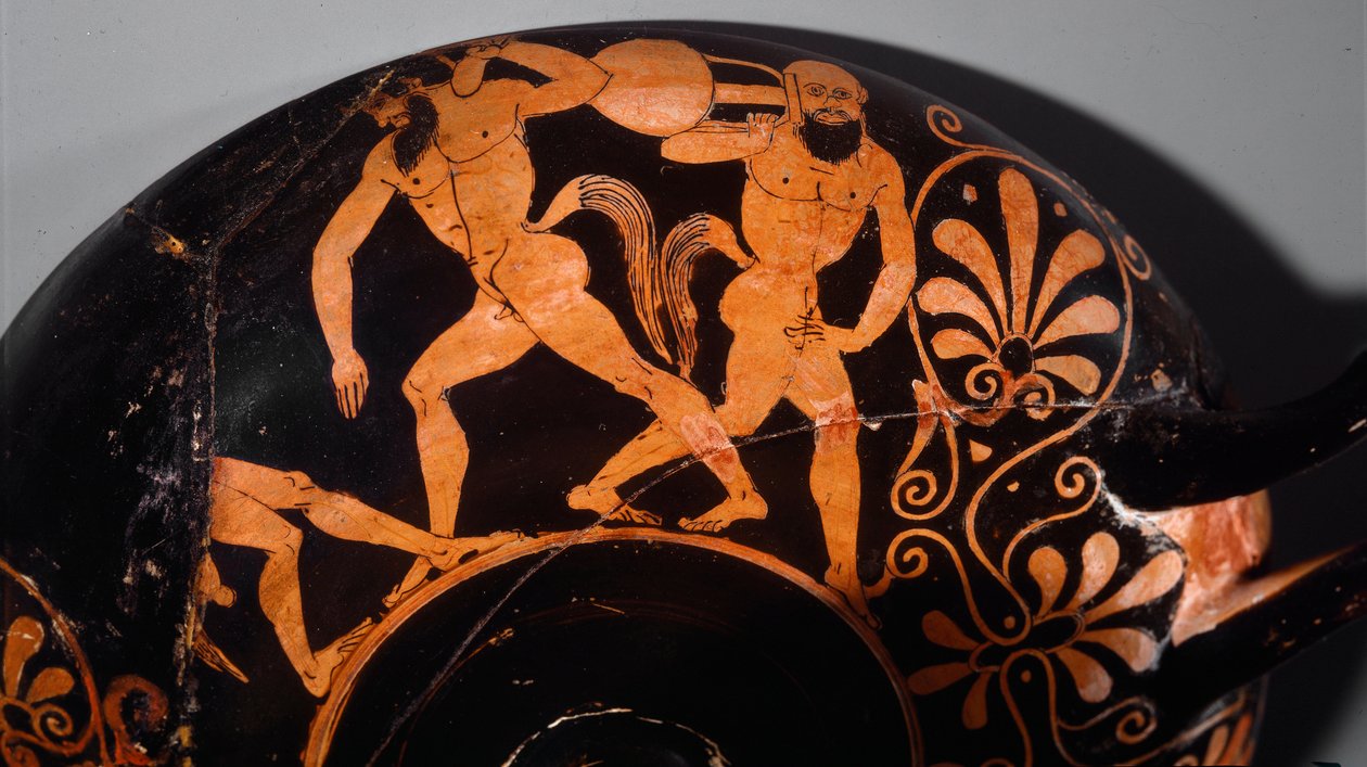 Sztuka etruska: Kylix zdobi komos, rytualny orszak satyrów (pierwszy przykład ceramiki etruskiej z czerwonymi figurami z wykorzystaniem reliefowych linii). 380 pne. Z Vulci (?) Paryża, Musee Rodin autorstwa Etruscan Etruscan
