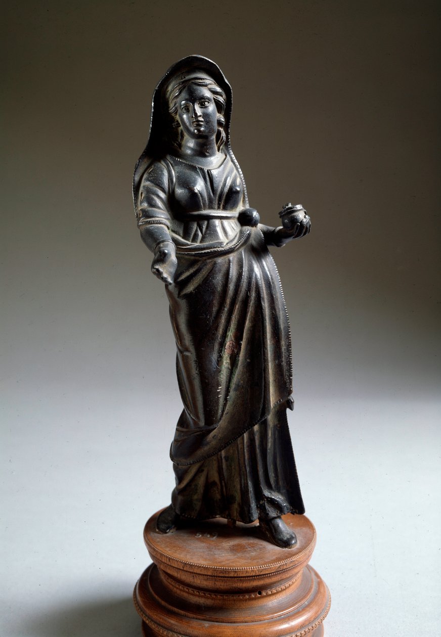 Cywilizacja etruska: „figura ofiarodawcy” rzeźba z brązu, pochodząca z Montalcino, Włochy 300 pne wym. 26 cm (sztuka etruska, ofiarująca kobieta, rzeźba z brązu, z Montalcino, Włochy, 300 pne, wym. 26 cm) Florencja, Museo Archeologico autorstwa Etruscan Etruscan