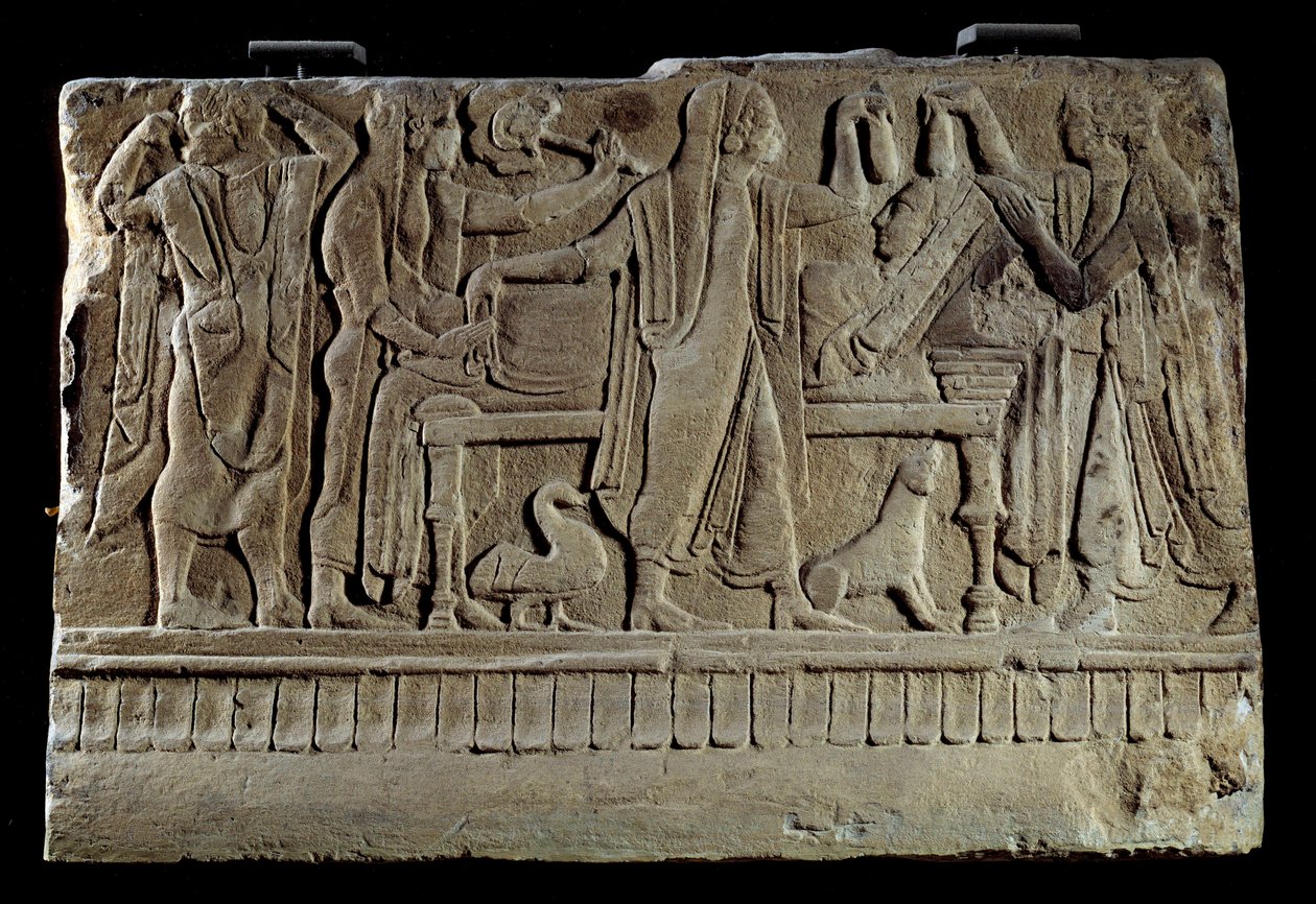 Etruski antyczny: Tablica z pogrzebowym cippe. Wystawa zmarłych na jej łożu pogrzebowym. Paryż, Musee du Louvre autorstwa Etruscan Etruscan