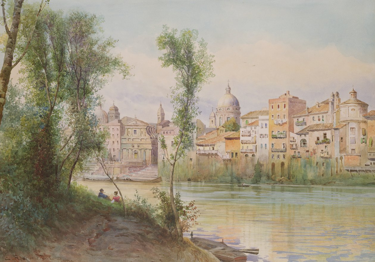 Widok na Porto di Ripetta dai Prati, Rzym (wc na papierze podwyższonym bielą) autorstwa Ettore Roesler Franz