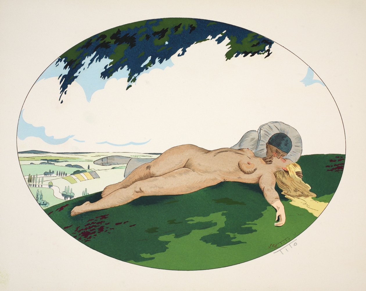 Pięć zmysłów - słuch, wzrok, zapach, dotyk i smak, wyd. Paryż, 1925 (odbitka szablonowa) autorstwa Ettore Tito
