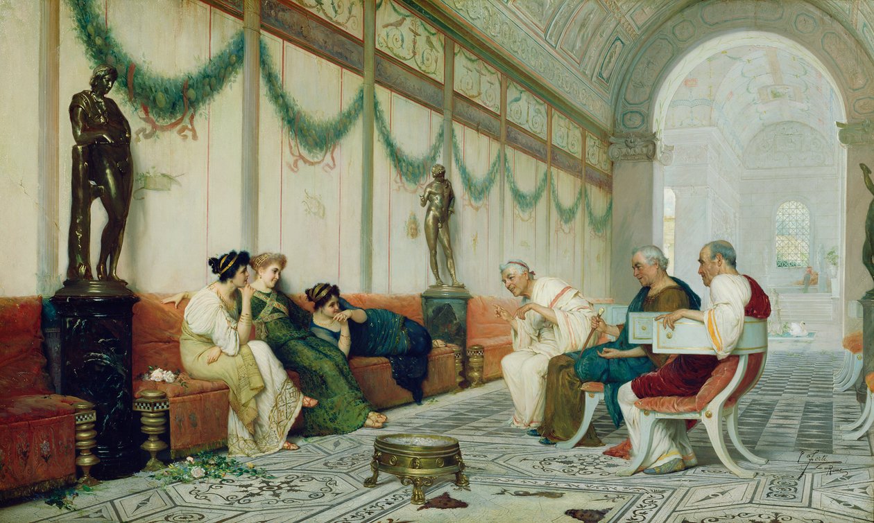Wnętrze rzymskiego budynku z figurami, ok.1880 (olej na płótnie) autorstwa Ettore Forti