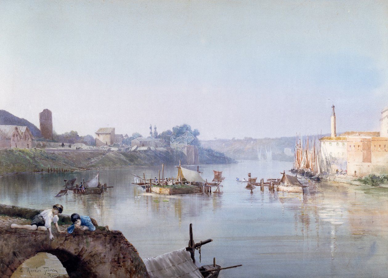 Rybacy w Ripa Grande, Ettore Roesler Franz (1845-1907), akwarela. autorstwa Ettore Roesler Franz