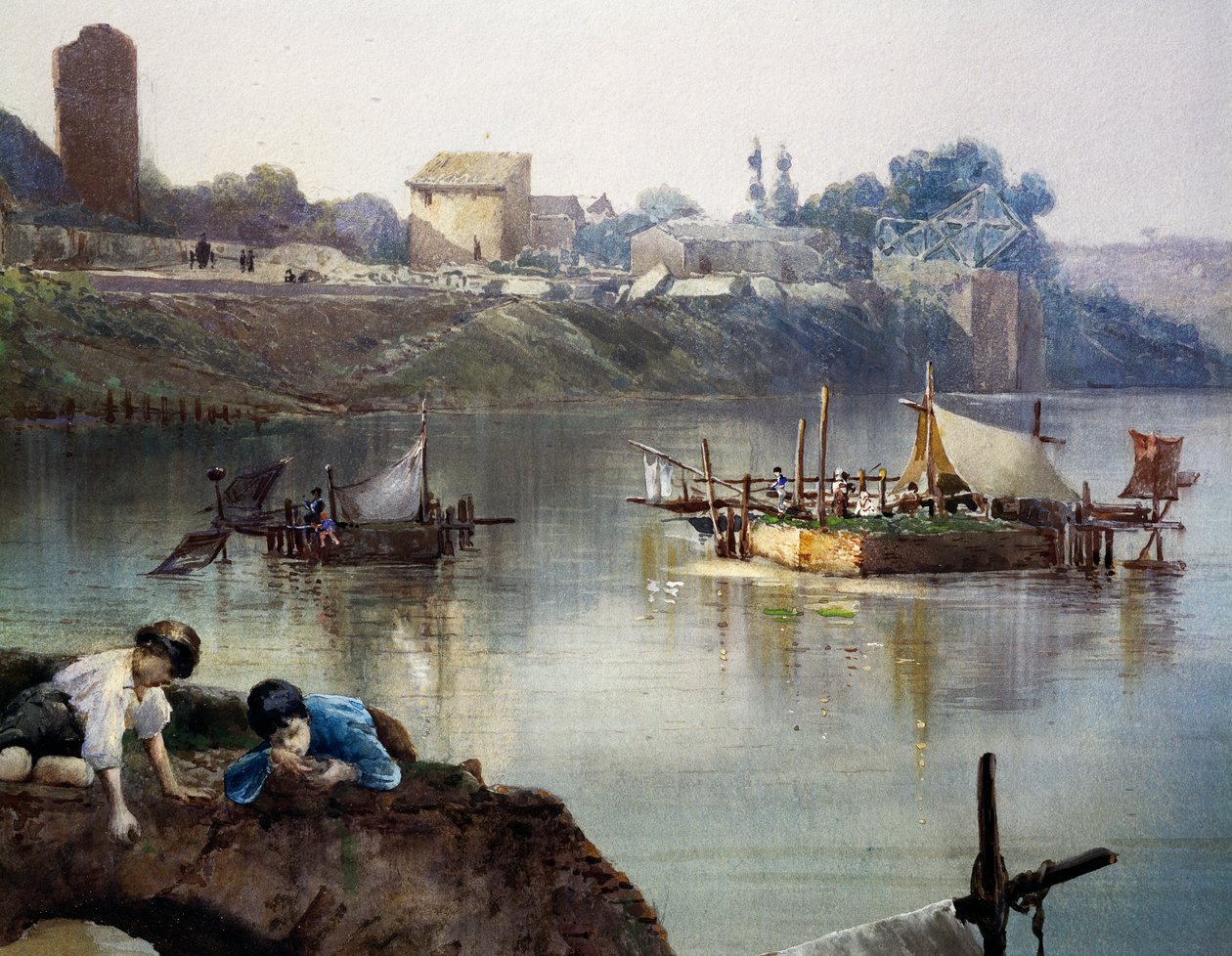 Rybacy Giornelli (koła rybackie) na Tybrze w pobliżu Porto di Ripa Grande w Rzymie, autorstwa Ettore Roesler Franz (1845-1907), akwarela, Włochy autorstwa Ettore Roesler Franz