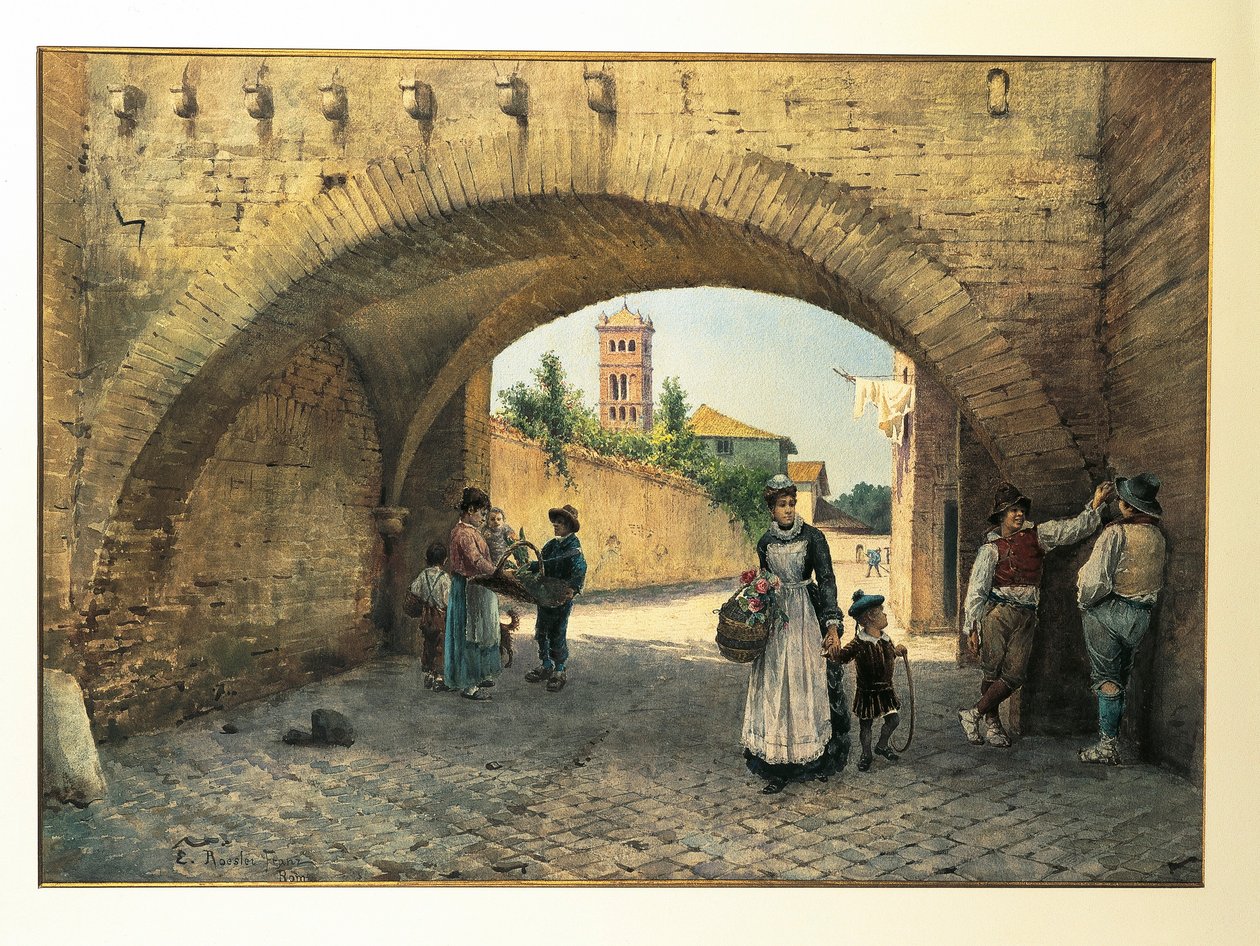 Włochy, Rzym, Łuk Tolomei autorstwa Ettore Roesler Franz, akwarela autorstwa Ettore Roesler Franz