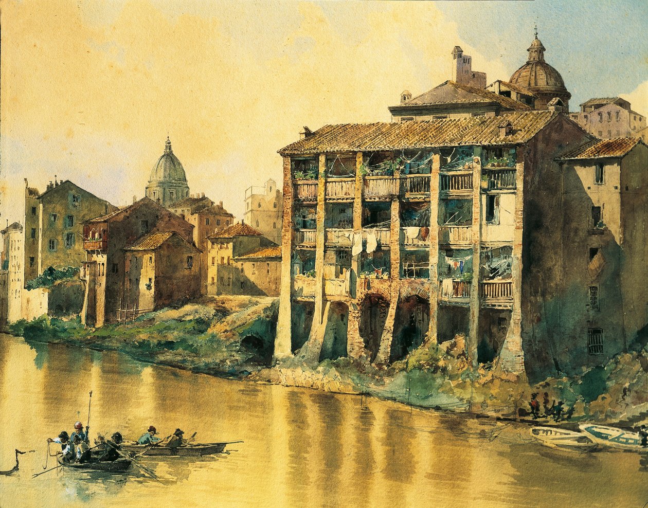 Włochy, Rzym, Stare domy wzdłuż Tybru, Ettore Roesler Franz, Akwarela autorstwa Ettore Roesler Franz
