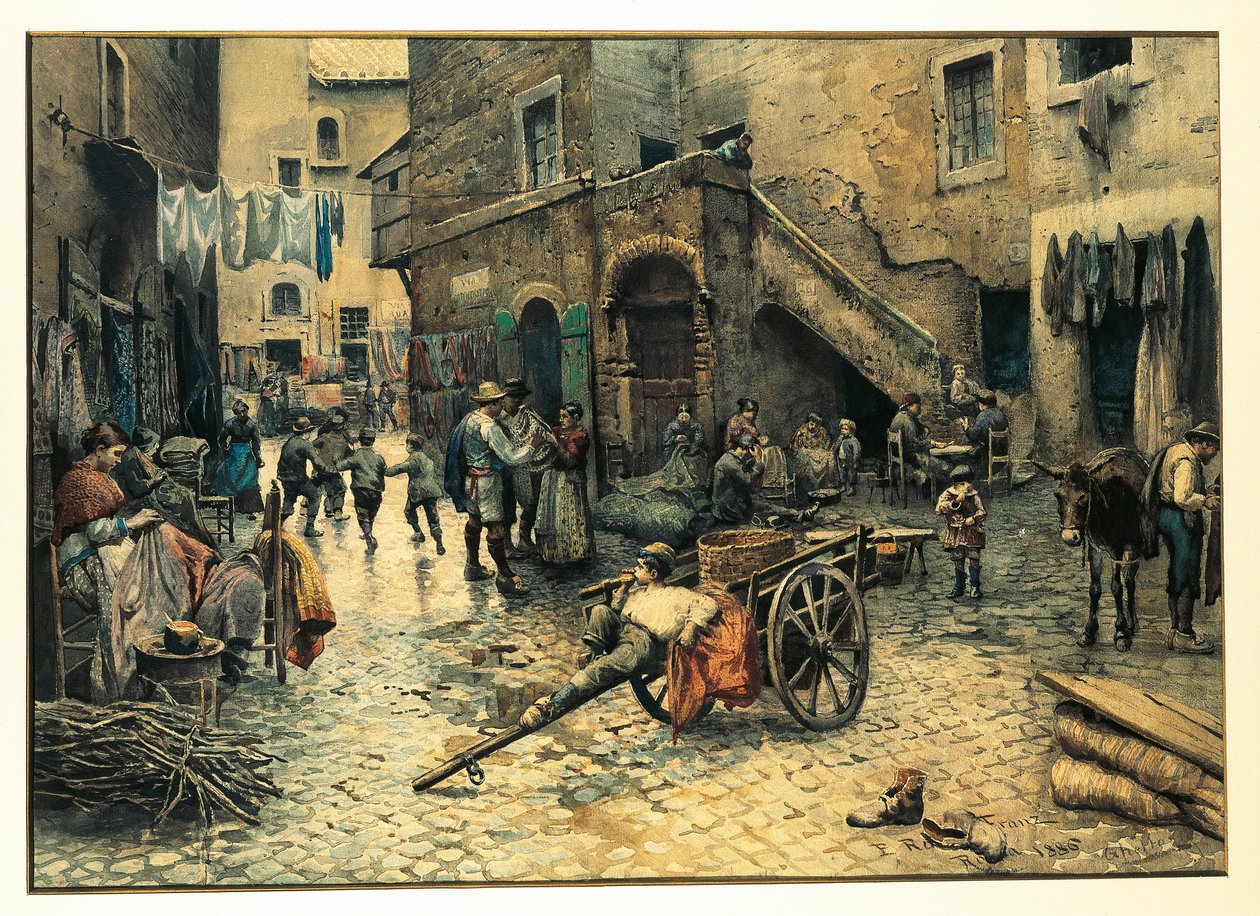 Włochy, Rzym, Życie uliczne na Via Capocciuto w (żydowskim) getcie w Rzymie autorstwa Ettore Roesler Franz, akwarela autorstwa Ettore Roesler Franz