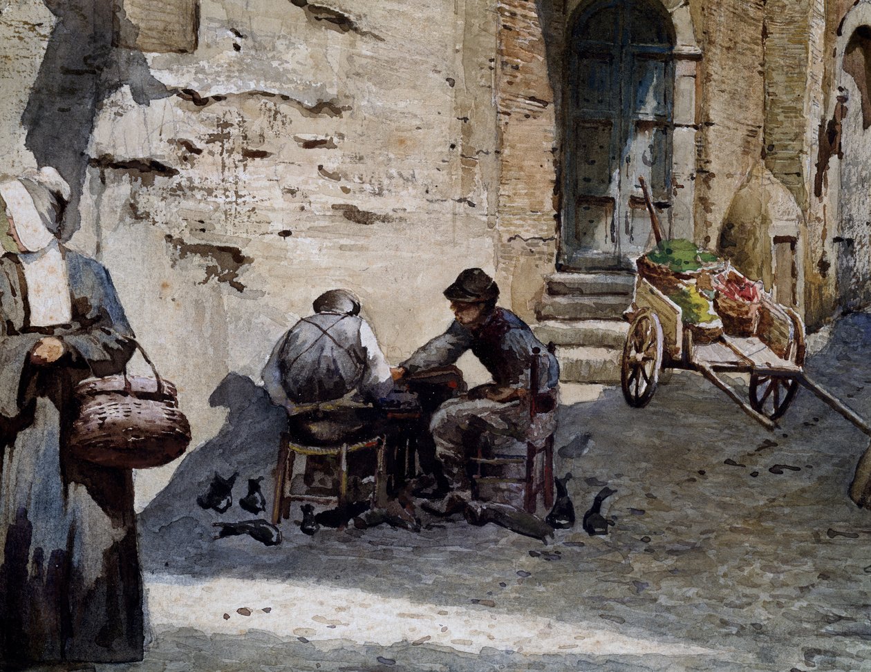 Stare średniowieczne domy na Lungaretta autorstwa Ettore Roesler Franz (1845-1907), akwarela z serii Zaginiony Rzym, detal, Włochy autorstwa Ettore Roesler Franz