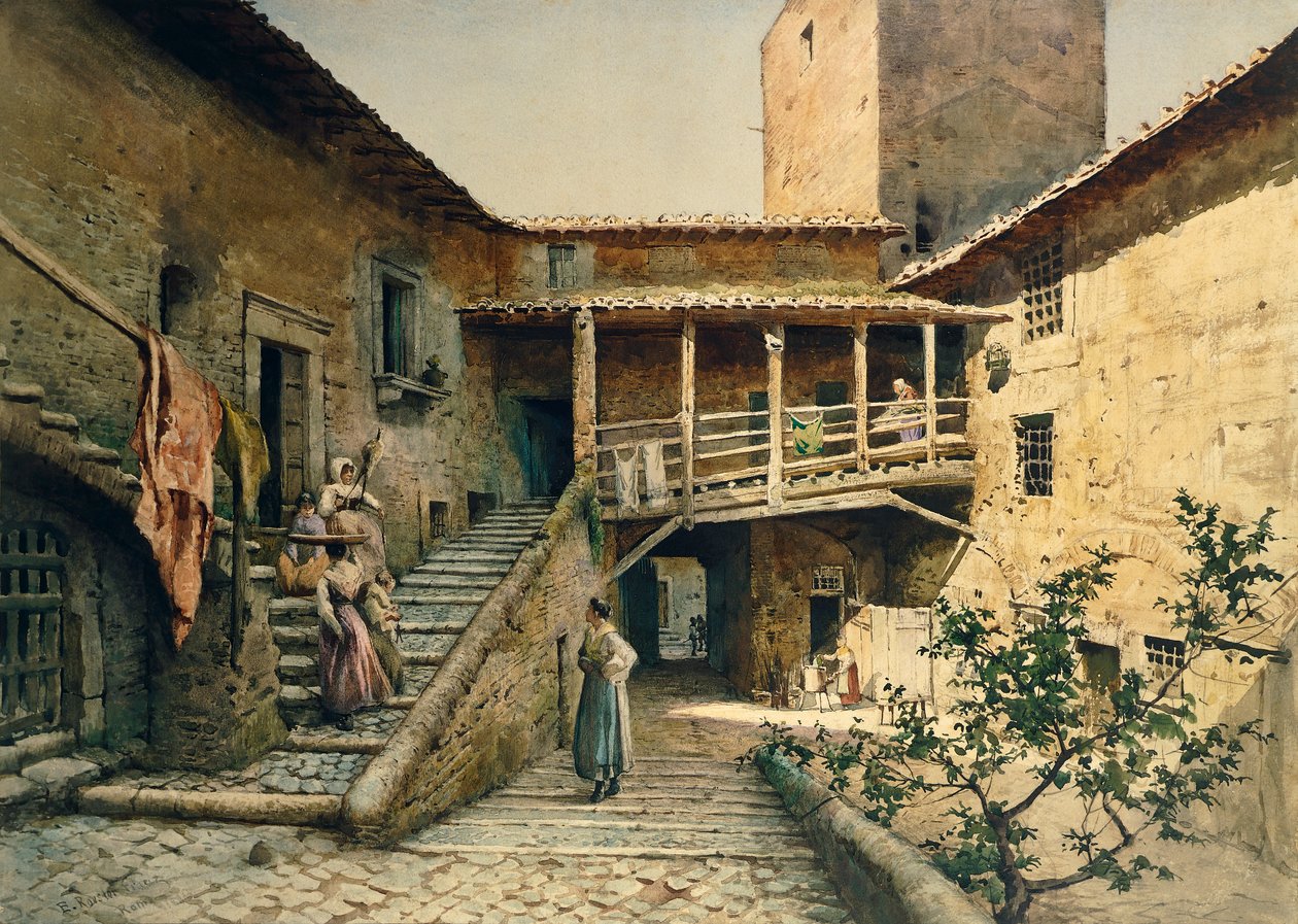 Dziedziniec w Pałacu Anguillara w Rzymie, z cyklu Zniknął Rzym, autorstwa Ettore Roesler Franz (1845-1907) autorstwa Ettore Roesler Franz