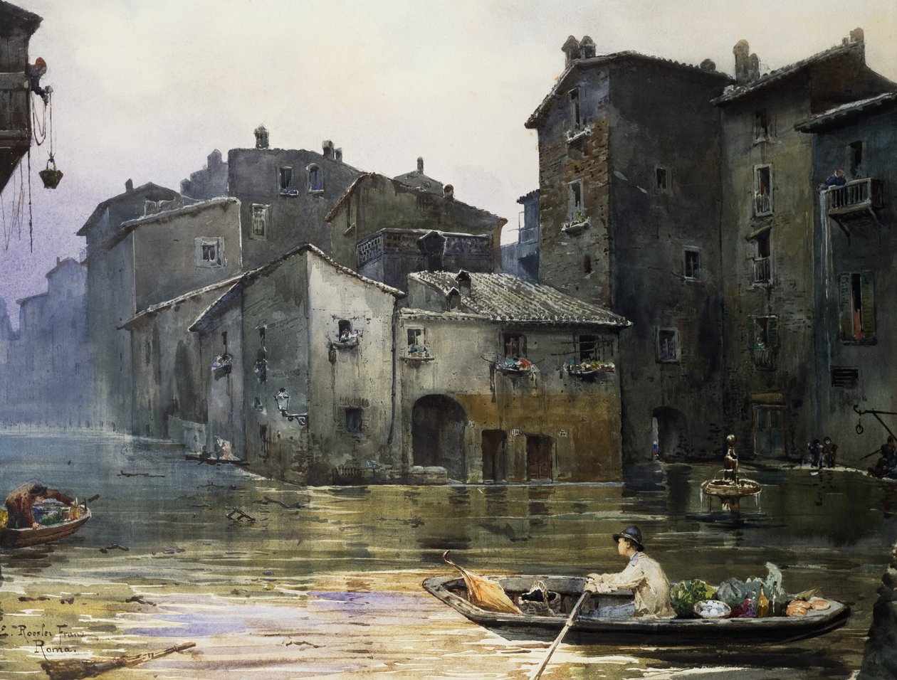 Via della Fiumara zalana w Rzymie, Ettore Roesler Franz (1845-1907), akwarela, Włochy autorstwa Ettore Roesler Franz