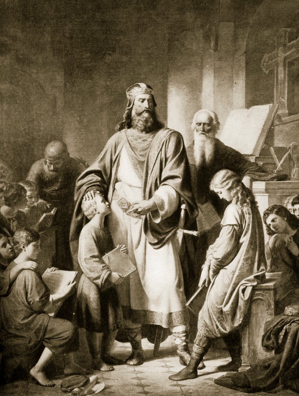Karol Wielki i jego uczeni, ilustracja z „Historia narodów Hutchinsona”, 1915 autorstwa Eugen von Blaas