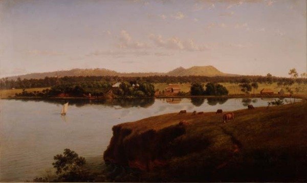 Widok na stację Purrumbete patrząc na północny zachód. Góra Leura i Góra Sugarloaf w oddali, Australia autorstwa Eugen von Guerard