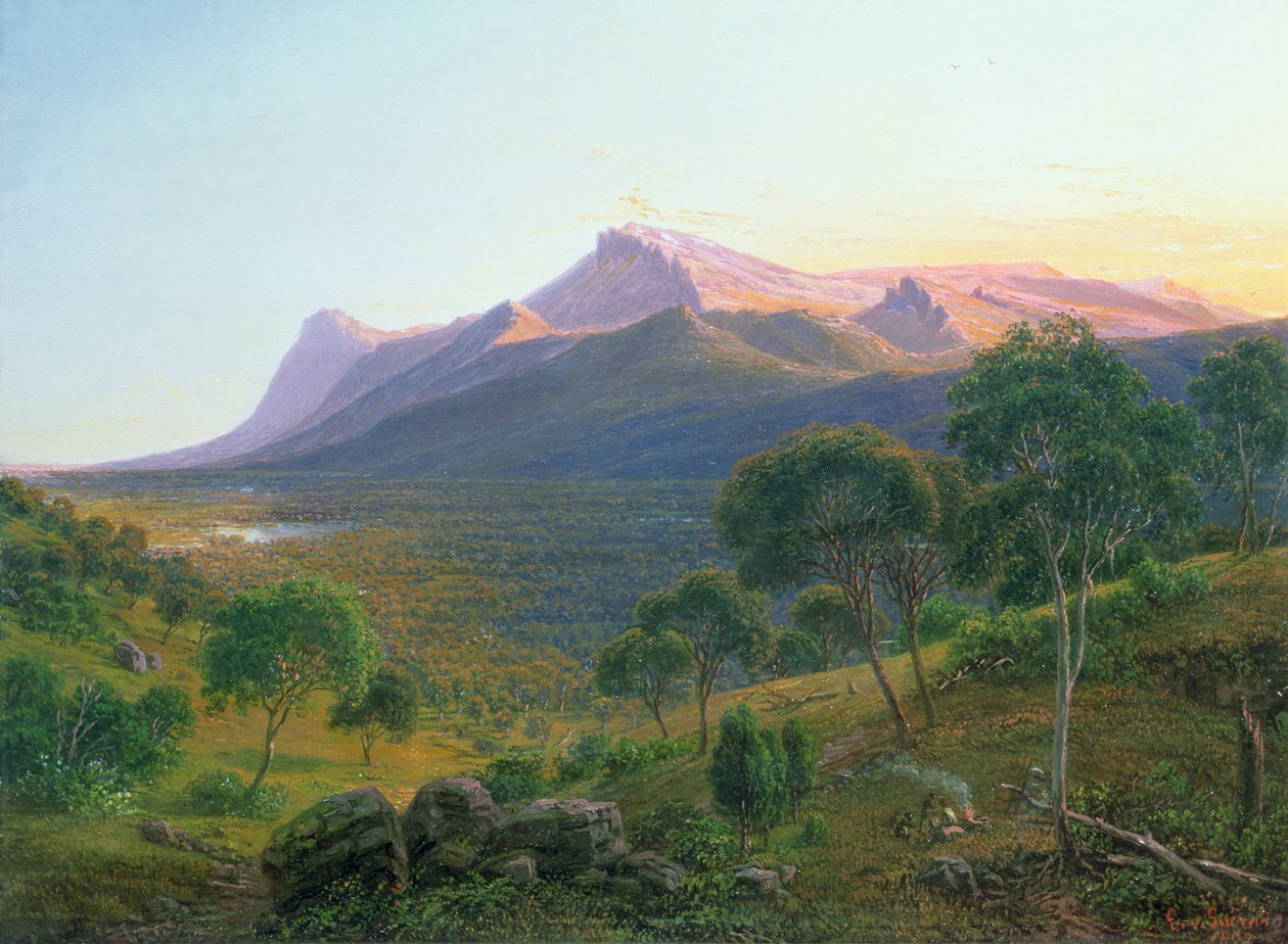 Aborygeni przy ogniu przed Mount William widziany z Mount Dryden w Grampianach, Victoria, 1892 (olej) autorstwa Eugene von Guérard