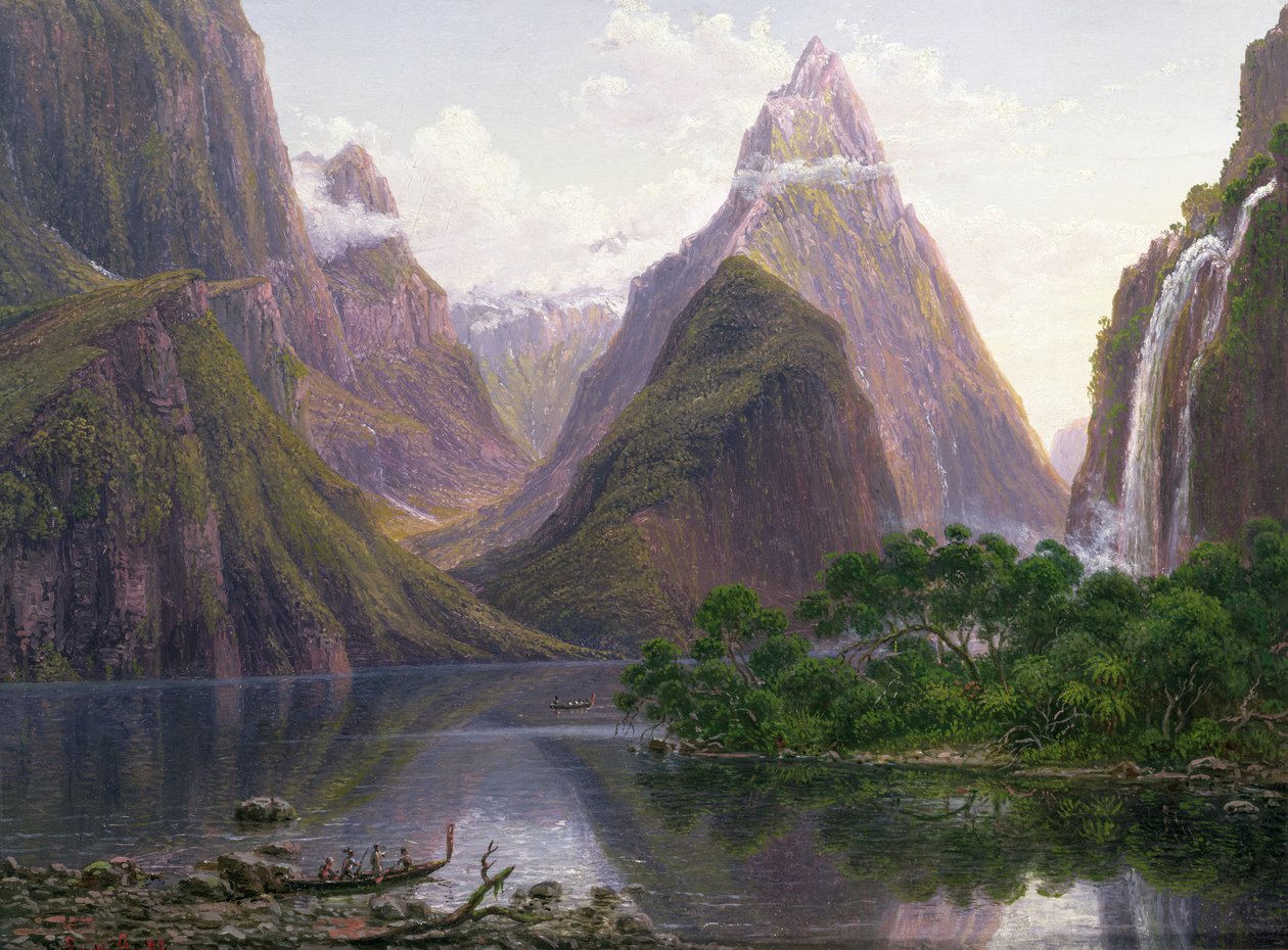 Postacie tubylców w canoe w Milford Sound, zachodnie wybrzeże Wyspy Południowej, Nowa Zelandia, przedstawione są również Mitre Peak i Bowens Fall, 1892 autorstwa Eugene von Guérard