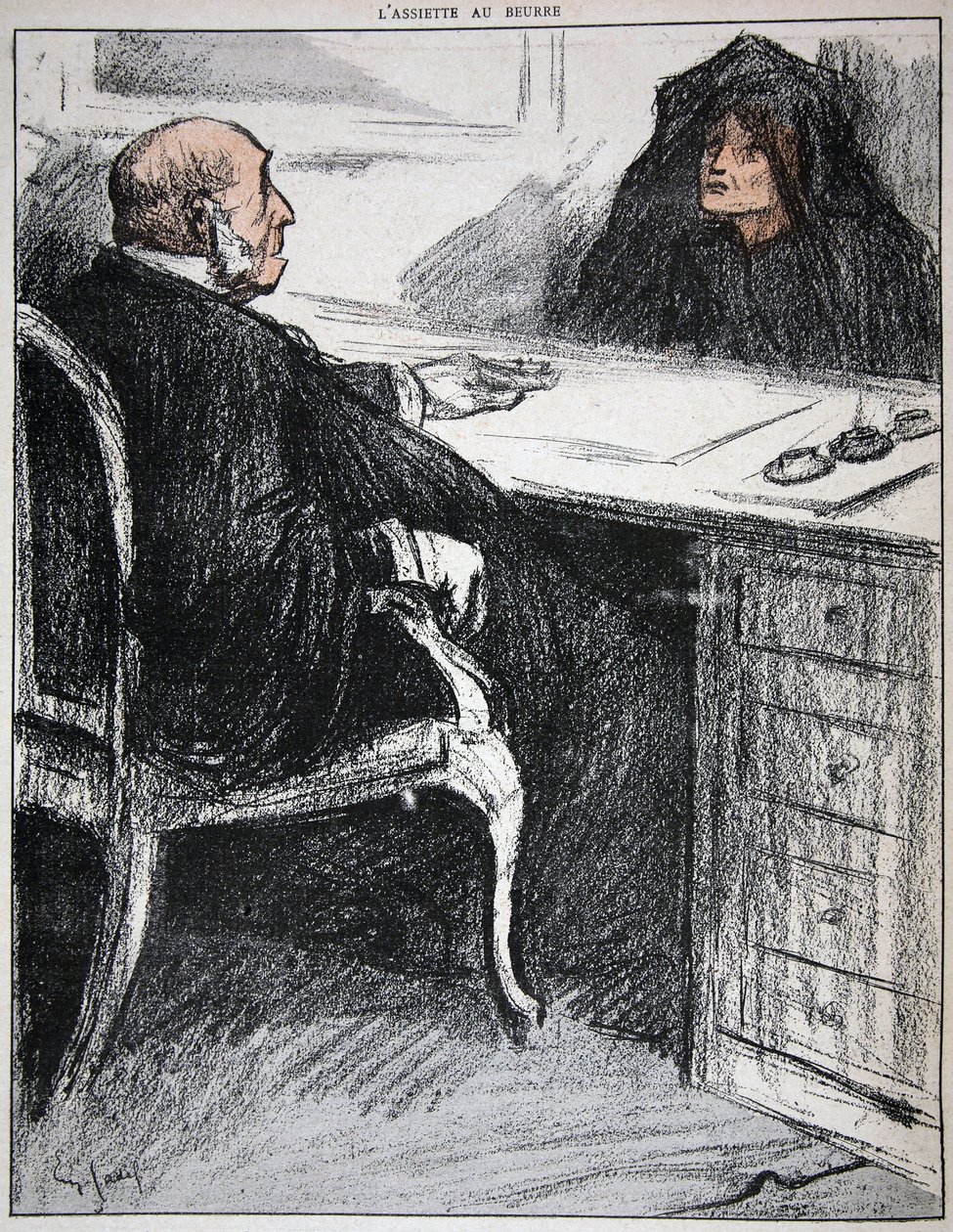 Wdowa z urzędnikiem wymiaru sprawiedliwości, ilustracja z „The Butter Plate: The Officials”, 9 sierpnia 1902 autorstwa Eugene Cadel