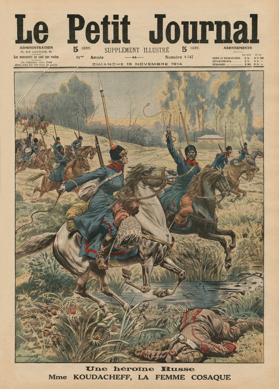 Rosyjska bohaterka, madame Koudacheff, kobieta kozacka, ilustracja na okładce „Le Petit Journal”, dodatek illustre, 15 listopada 1914 autorstwa Eugene Damblans