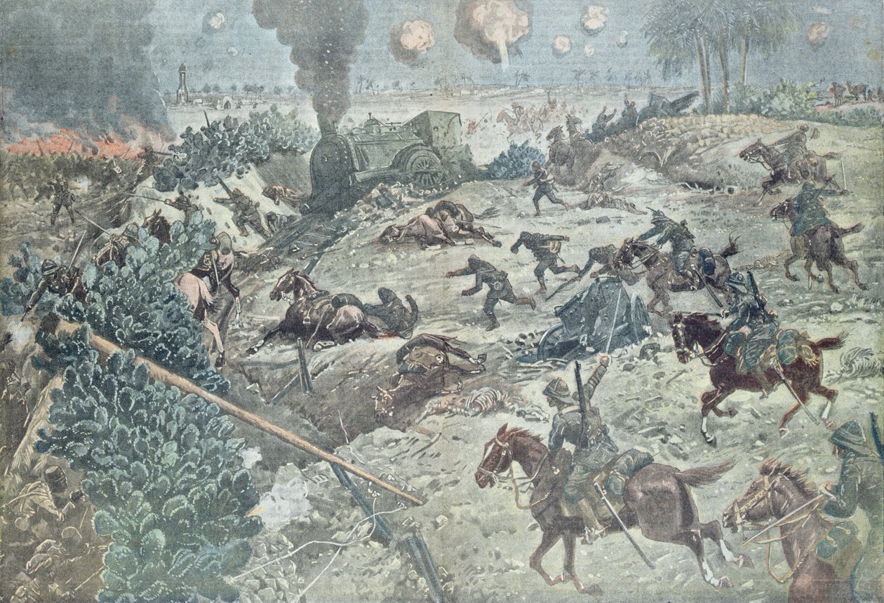 Brytyjska kawaleria przecinająca linię kolejową w bitwie z wojskami tureckimi w Palestynie, ilustracja z magazynu „Le Pelerin” 2 grudnia 1917 autorstwa Eugene Damblans