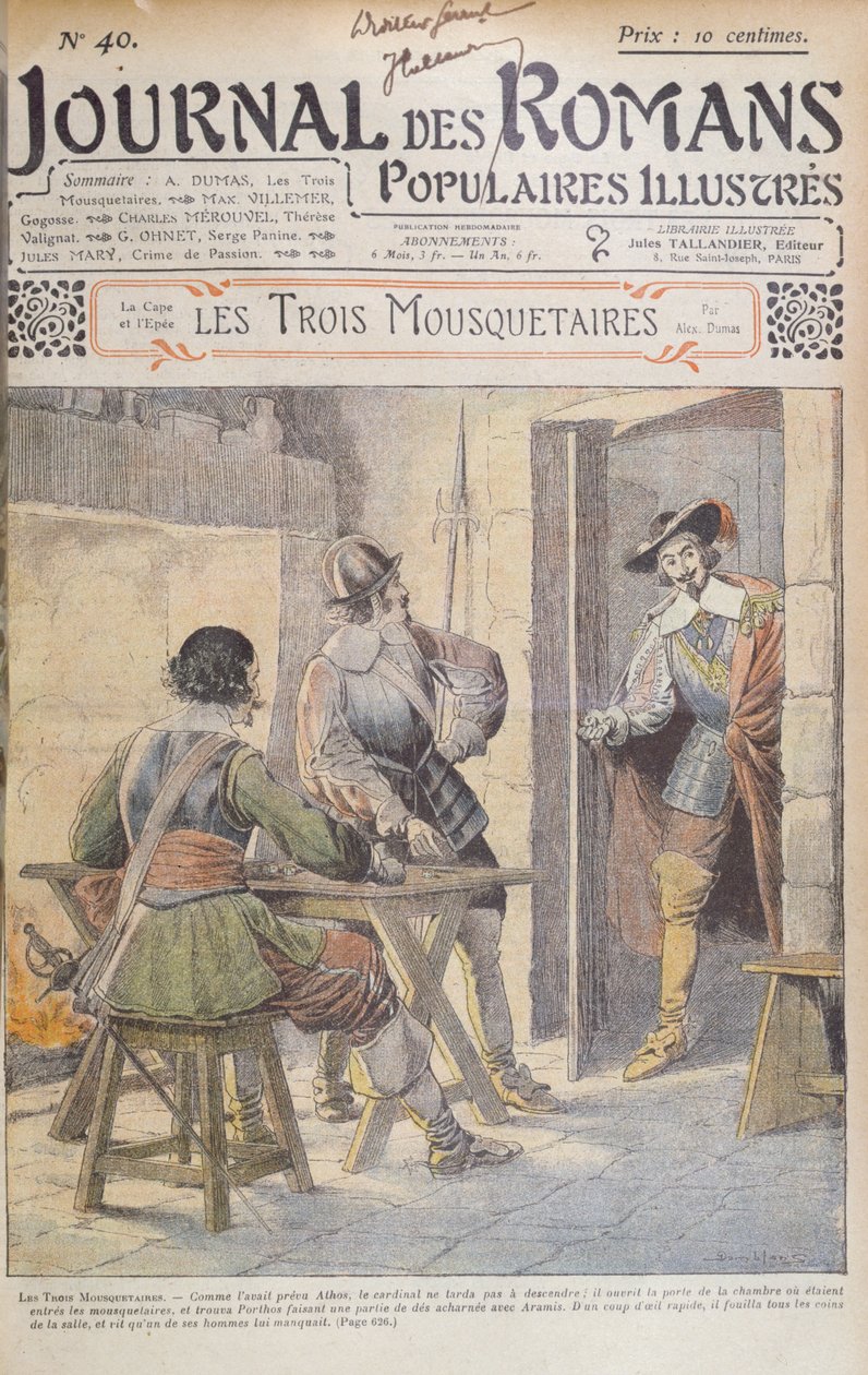 Przednia okładka serializacji „Trzech muszkieterów” Alexandre Dumas pere (1803-70) z „Journal des Romans Populaires Illustres”, 1905 autorstwa Eugene Damblans