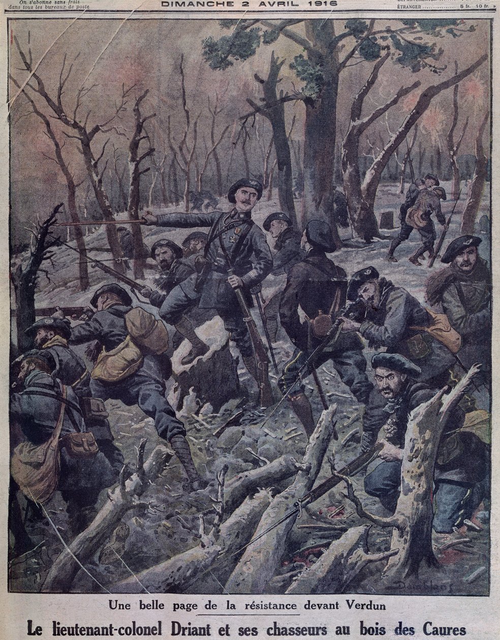 Podpułkownik Driant i jego bataliony Chasseurs broniące Bois des Caures, Verdun, ilustracja na okładce z „Le Petit Journal”, 2 kwietnia 1916 autorstwa Eugene Damblans