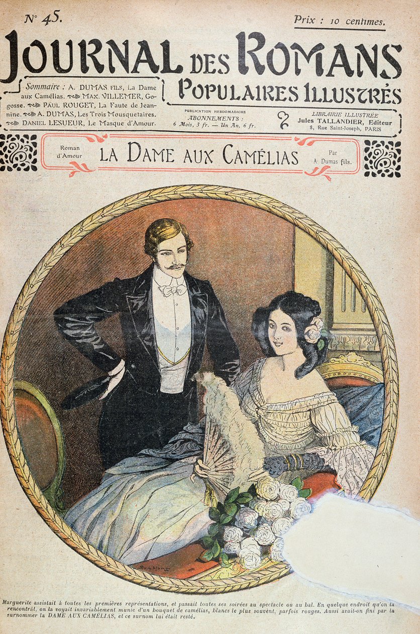 Małgorzata z bukietem białych kamelii w pudełku w teatrze, ilustracja do „La Dame aux Camelias” A. Dumasa w „Journal des Romans”, 1905 autorstwa Eugene Damblans