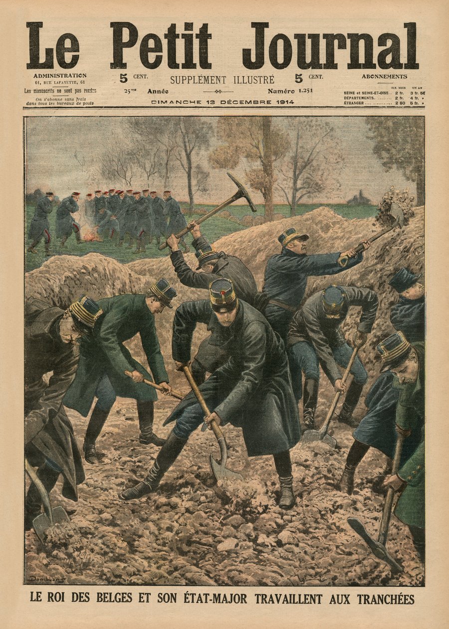 Król Belgii wraz z oficerami sztabowymi kopiącymi okopy, ilustracja na okładce z „Le Petit Journal”, dodatek illustre, 13 grudnia 1914 autorstwa Eugene Damblans