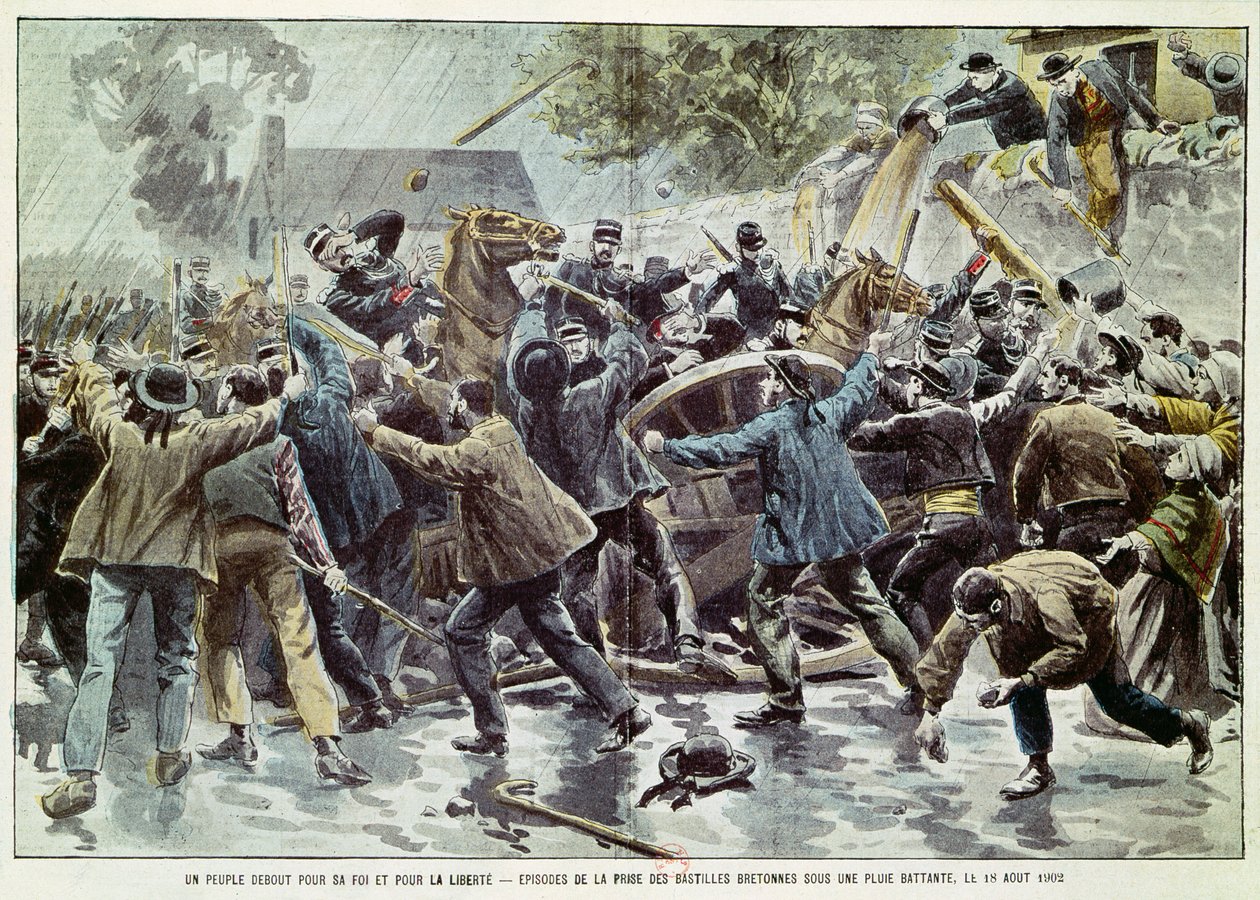 Zamieszki w Bretanii 18 sierpnia 1902, Bretoni przeciwko egzekwowaniu prawa o zborach, 1902 (kolorowe grawerowanie) autorstwa Eugene Damblans