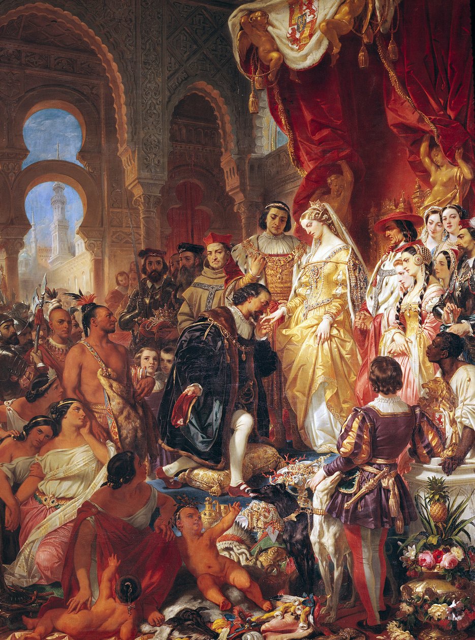 Przyjęcie Krzysztofa Kolumba (1450-1506) przez Ferdynanda II (1452-1516) z Aragonii i Izabeli (1451-1504) z Kastylii autorstwa Eugene Deveria