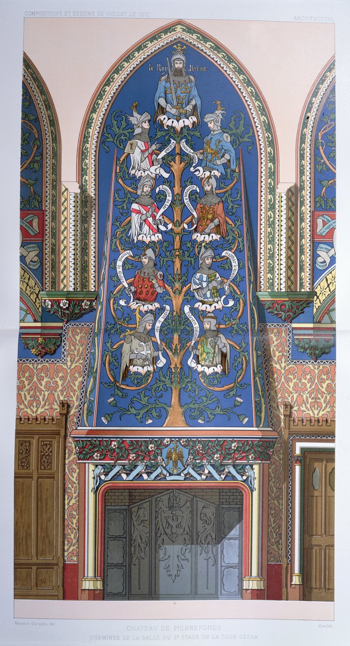 Dekoracyjny schemat z Królem Arturem i Rycerzami Okrągłego Stołu, do kominka w Cesar Tower w Chateau de Pierrefonds we Francji (patrz także 101640) autorstwa Eugene Emmanuel Viollet le Duc