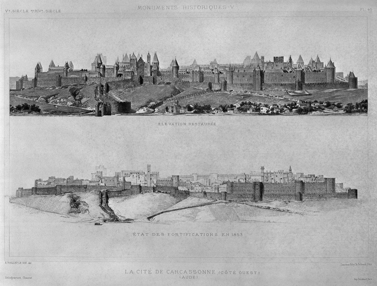 Widok na Carcassonne od strony zachodniej, stan fortyfikacji i miasta w 1853 r., ilustracja z "Monuments Historiques", wyd. Laurens et Schmidt editeurs autorstwa Eugene Emmanuel Viollet le Duc