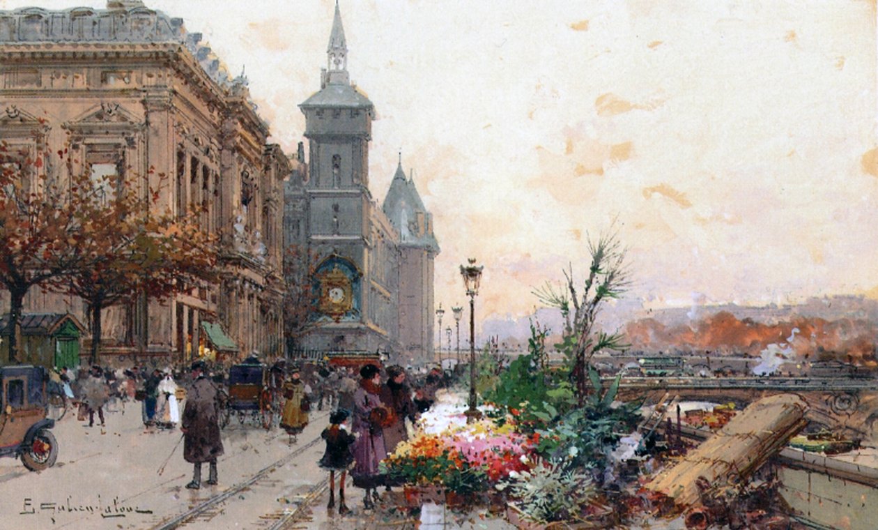 Targ kwiatowy, Paryż (gwasz i toaleta na papierze) autorstwa Eugene Galien Laloue